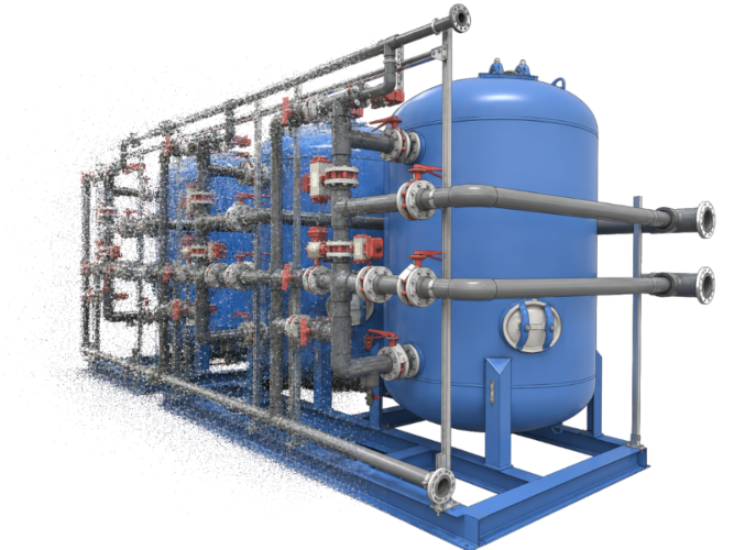 A large industrial water filtration system with multiple pipes, valves, and gauges, mounted on a blue frame.