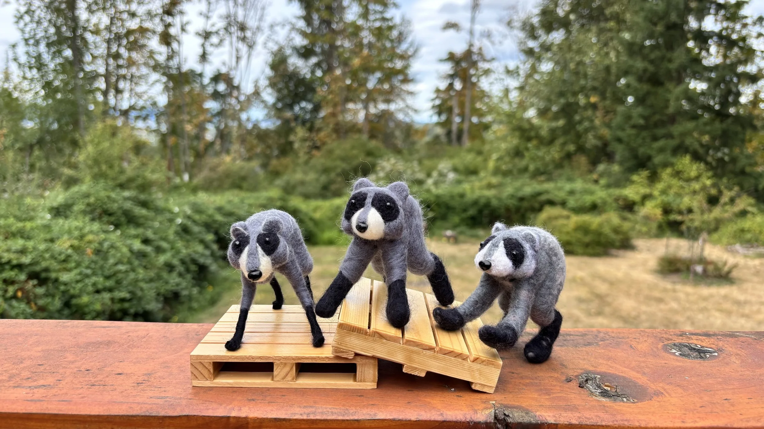 Three needle felted raccoons on a small wooden pallet that is outdoors, with trees and a cloudy sky in the background.