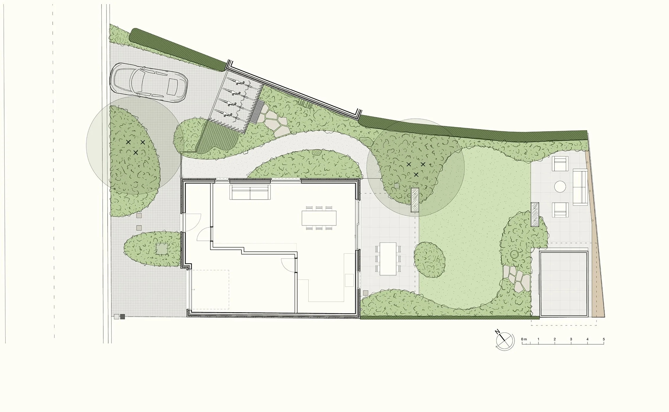 Tuinontwerp met indeling van terrassen, paden, beplantingsvakken en gazon