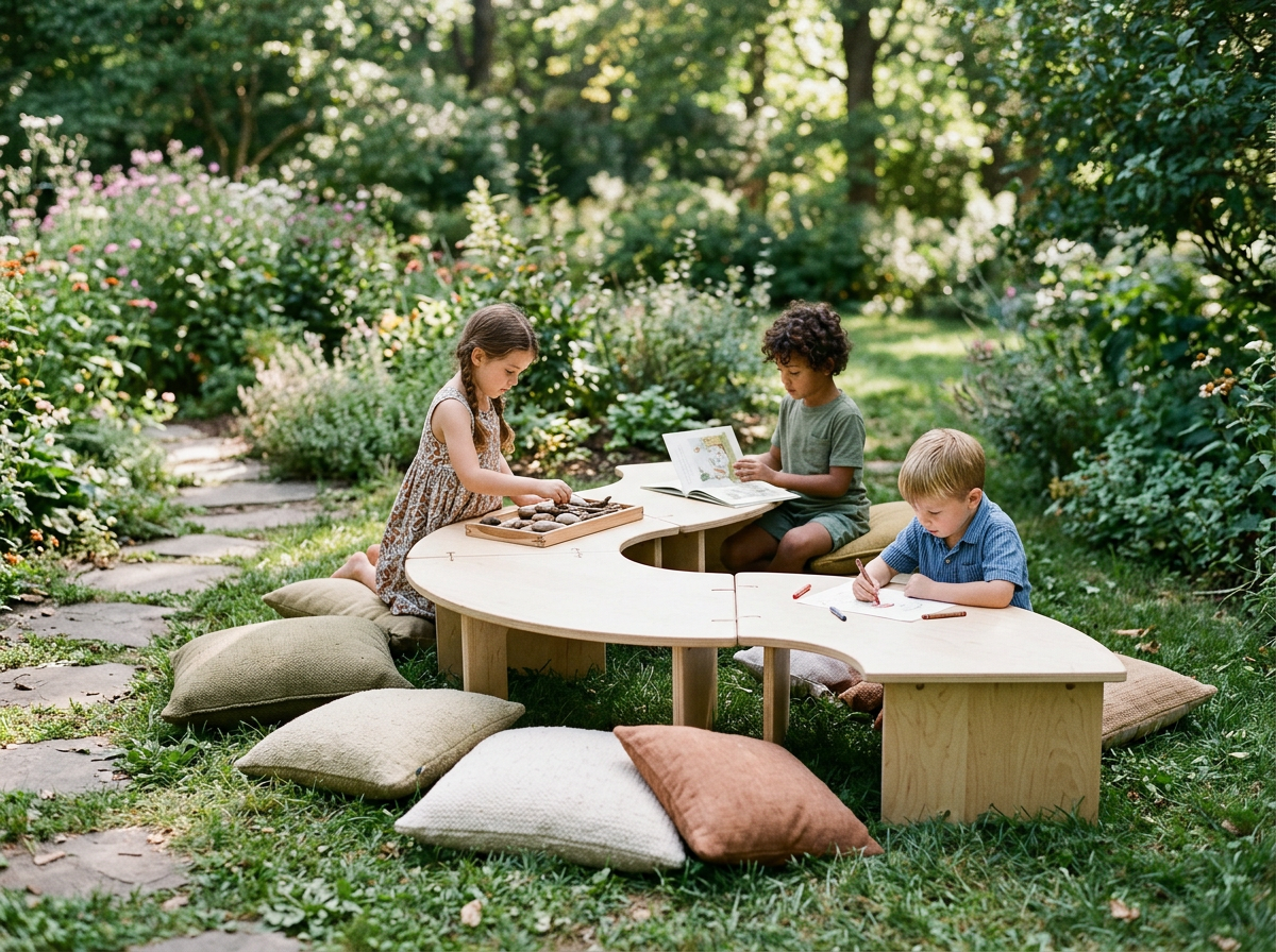 Niños sentado en mesa orgánica en forma de S al nivel del piso, en contacto con la naturaleza y siendo el espacio central que todo cumpleaños infantil necesita para resolver el momento de la torta, snacks y demas actividades.