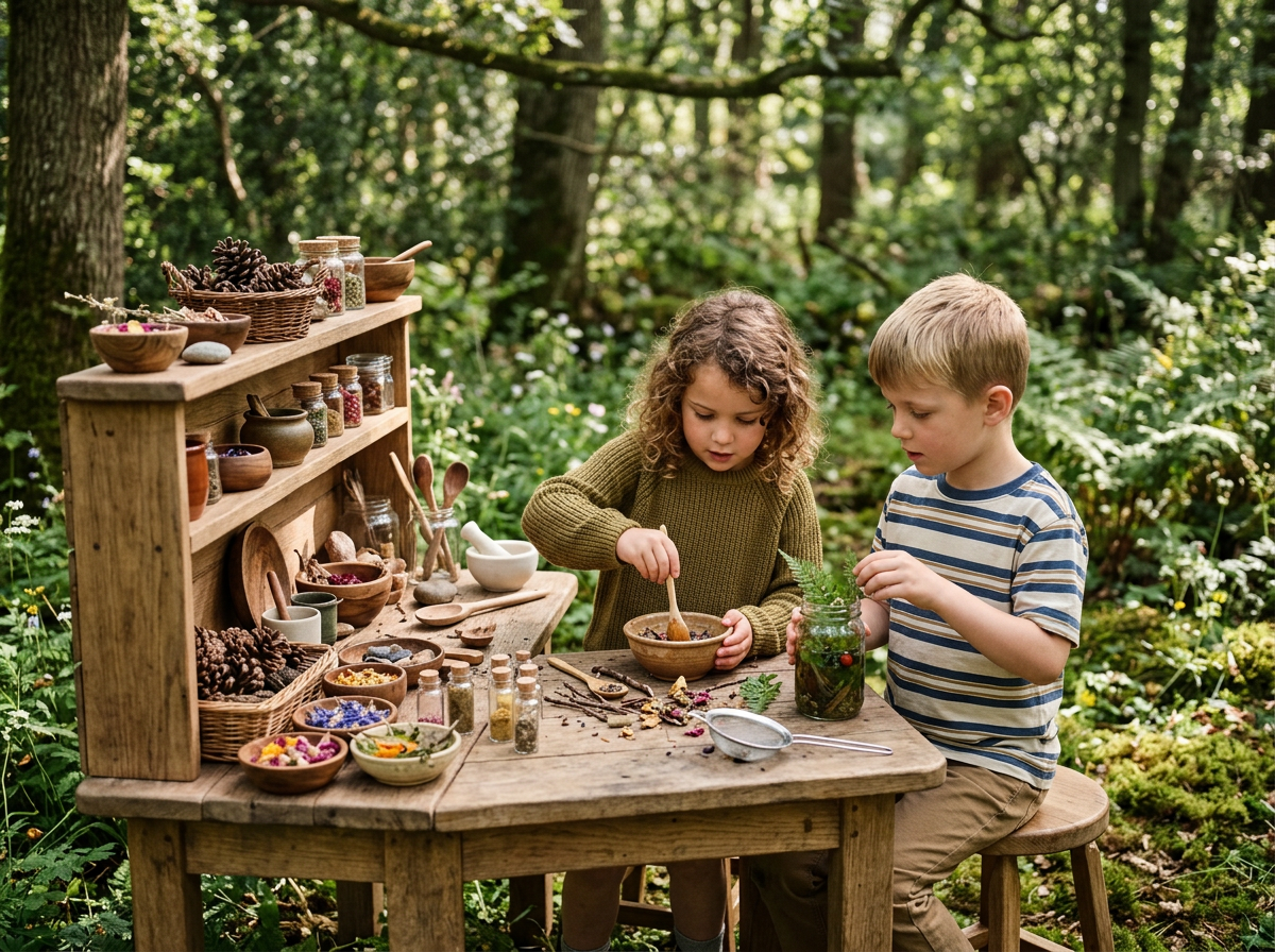 Dos niños, una niña y un niño, en un bosque, decorando un frasco con plantas y flores, con una mesa de madera llena de objetos naturales y botánicos, como piñas, frascos con semillas, y pequeñas ollas, GUARIDA Alquimia en Santiago de Chile