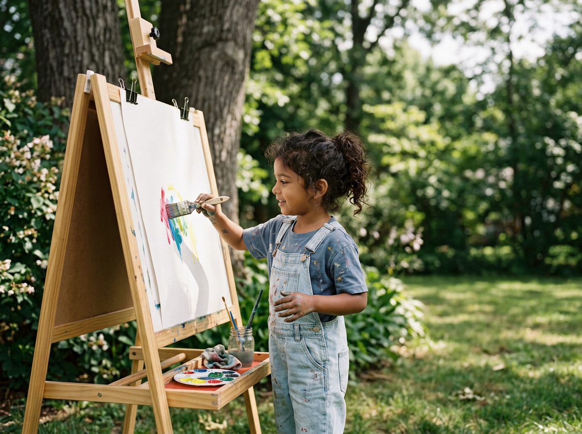 Niña pintando en un caballete al aire libre en un parque con árboles y vegetación, haciendo uso de la GUARIDA TRAZO en un cumpleaños infantil al aire libre en la comuna de Vitacura