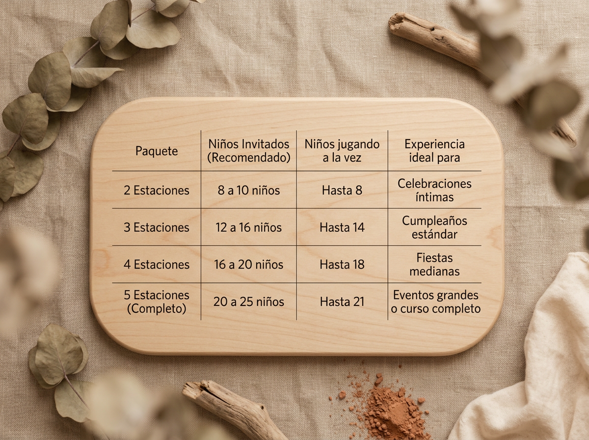 Tabla en madera con información sobre diferentes paquetes para niños,  recomendaciones de número de niños, cantidad de niños jugando a la vez, y experiencias ideales. Este detalle aplica para todas las comunas de la zona Orienta de Region Metropolita