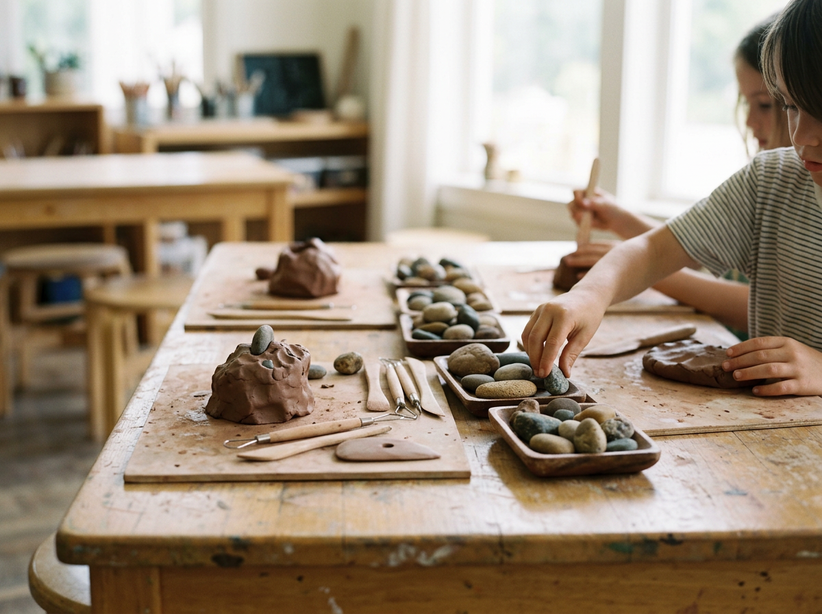 Niños creando figuras con arcilla en un aula de arte con piedras decorativas sobre la mesa. Esta es la Guarida Elemental que busca que niños conecten con la creatividad, utilicen sus sentidos y vivan una experiencia diferente en su cumpleaños.