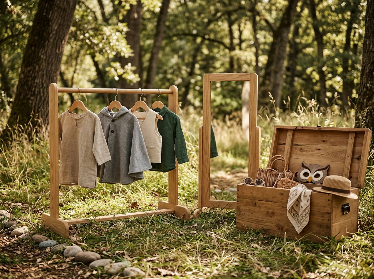 Ropa infantil colgada en un percherón de madera en un bosque, junto a una caja de madera con accesorios y un espejo de pie. Estos son los elementos conformados por la Guarida Reflejo, instalada en cumpleaños infantiles para padres montessori