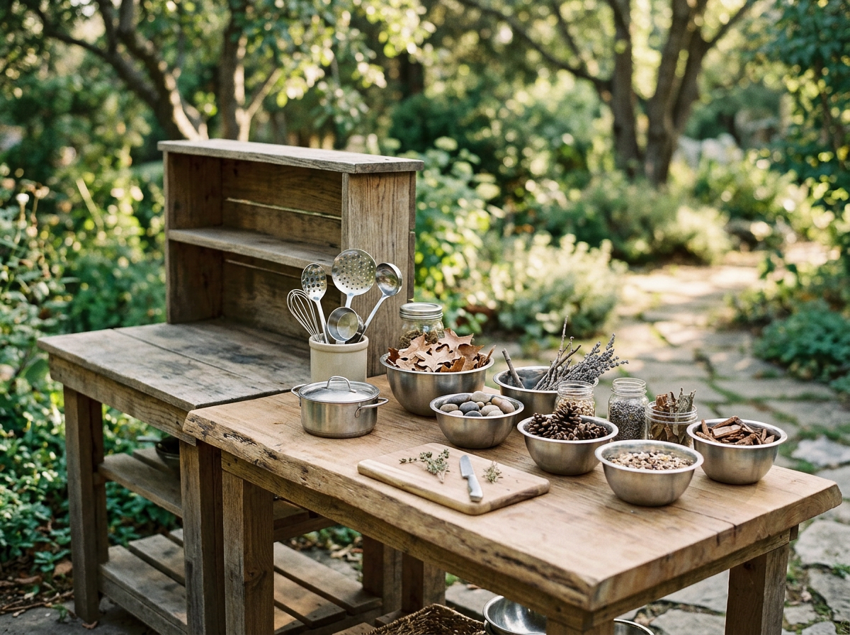 Mesa de madera en un jardín con utensilios de cocina, frascos, bowls con hojas secas, piedras y especias, y un cuchillo en una tabla de cortar. Esta es la Guarida Cosecha, montada en un jardín en un cumpleaños en Las Condes.