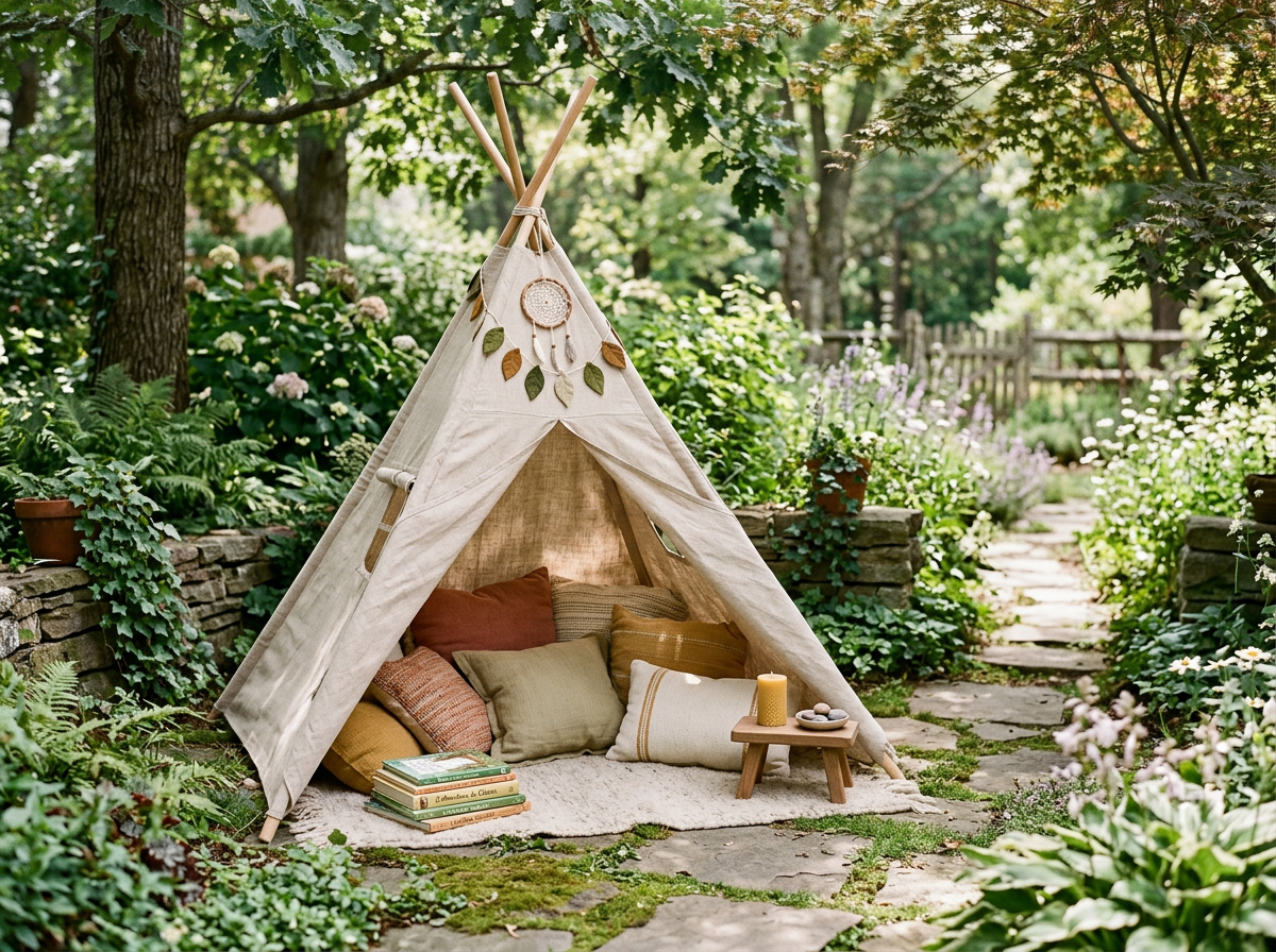 Cabaña de tela en un jardín con cojines, libros y velas, rodeada de plantas y árboles, esta es la Guarida Calma, incluida sin costo en todas nuestras celebraciones infantiles para lograr que cualquier niño desregulado tenga un espacio de calma.