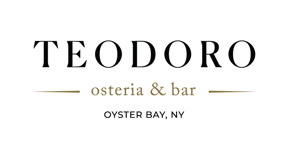 Logo for Teodoro Osteria & Bar in Oyster Bay, NY with black background, gold lines and text