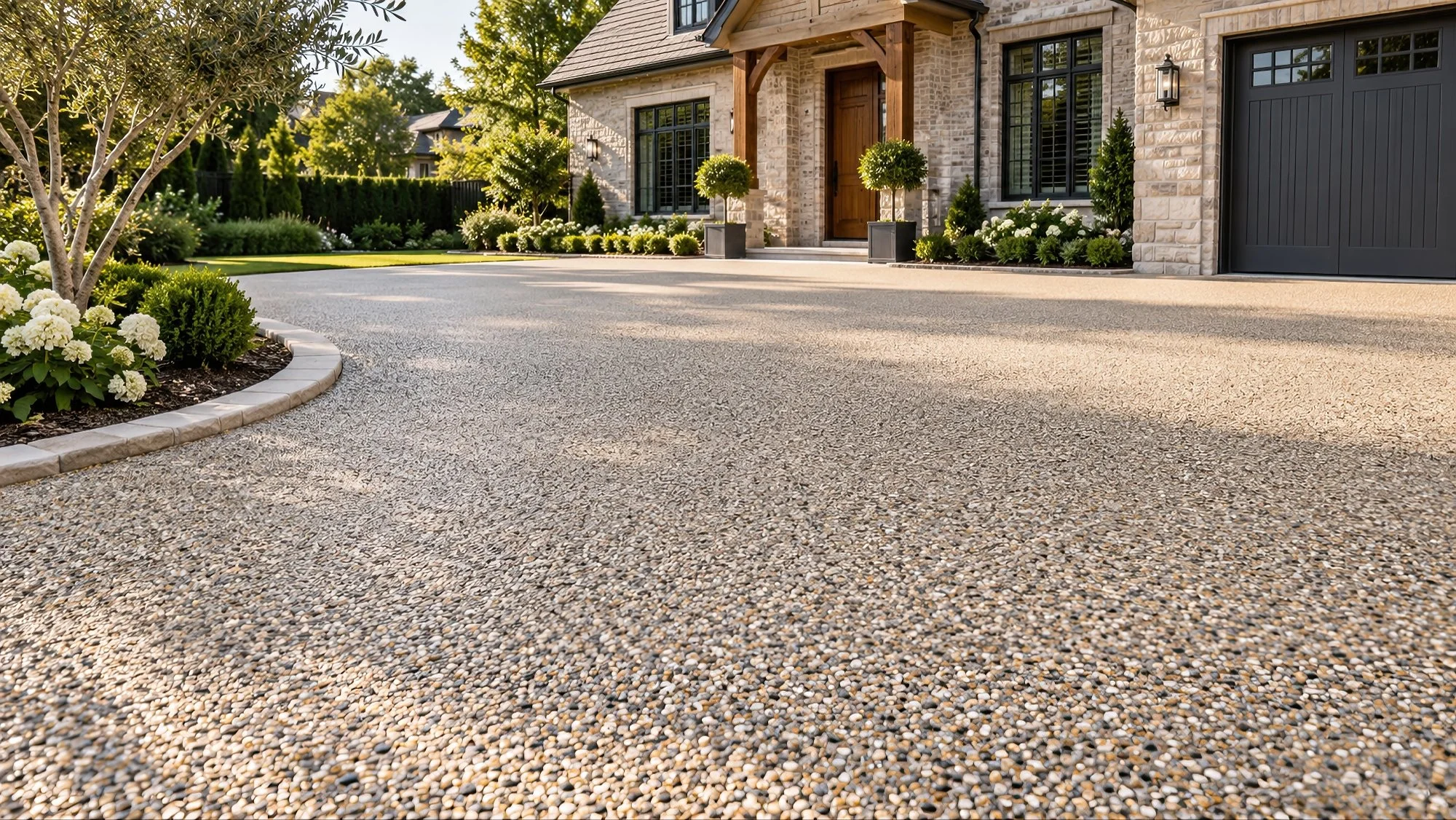 Front yard of a house with a smooth pebble driveway, landscaped bushes, and potted plants near the entrance door, with trees and neighboring houses in the background.