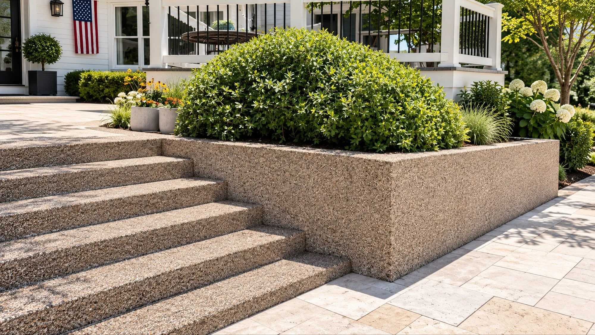 Concrete stairs leading up to a house entrance, with a garden bed filled with green bushes and white flowers on the right side. The house has white siding, black railing, and an American flag hanging on the porch.