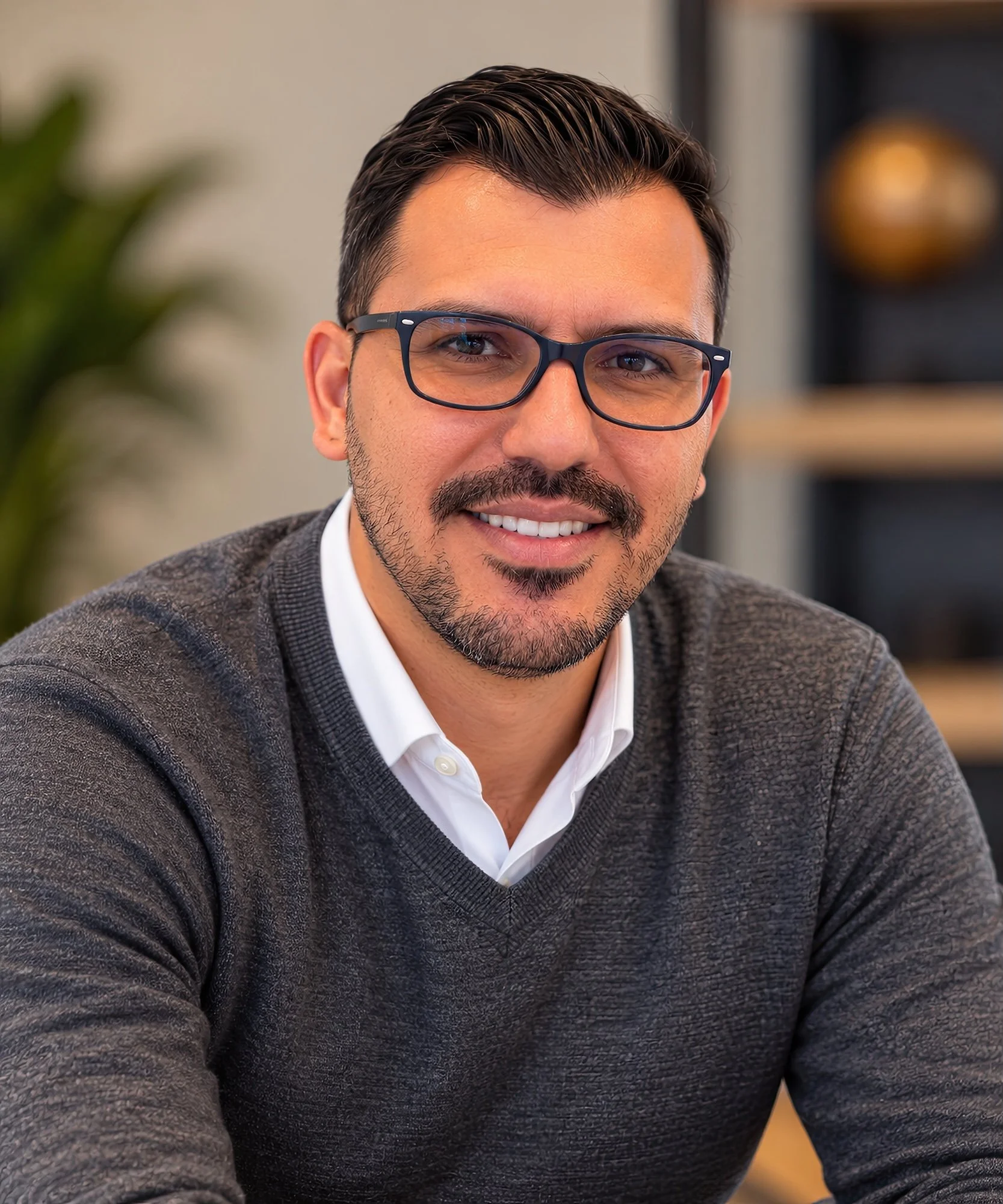 Close-up of a smiling man wearing black glasses, a white shirt, and a gray sweater in an indoor setting.