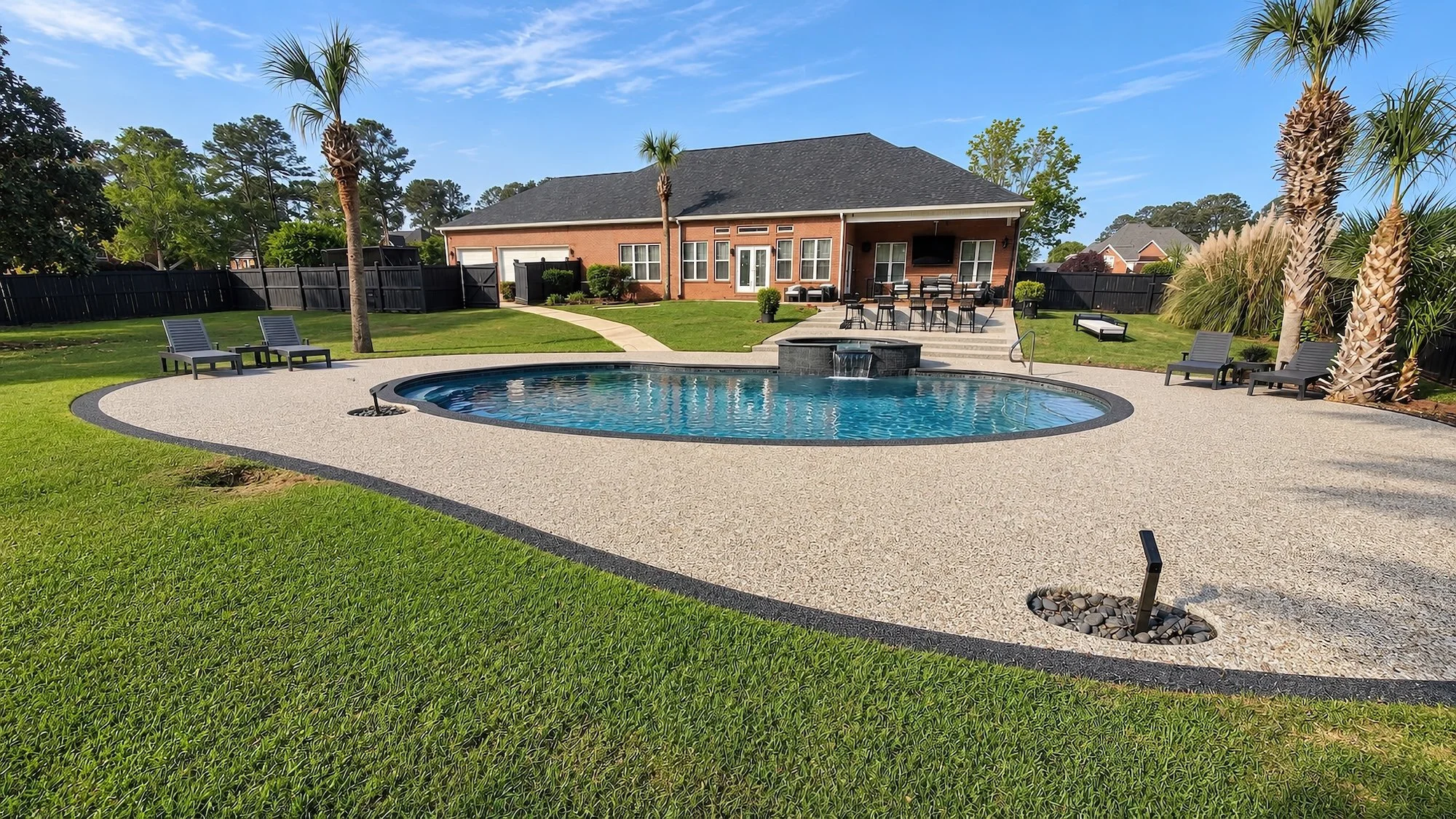 A backyard with a kidney-shaped swimming pool, surrounded by a wide concrete deck, with lounge chairs and small trees. A brick house with a covered patio, outdoor furniture, and a TV mounted on the wall. Green grass, palm trees, and a black fence enclosing the yard. Blue sky with some clouds.