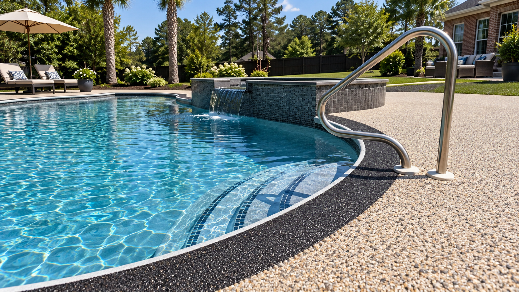 Residential backyard swimming pool with a metal handrail, waterfall feature, surrounded by a concrete deck, outdoor furniture, umbrella, lush green trees, and a brick house in the background.