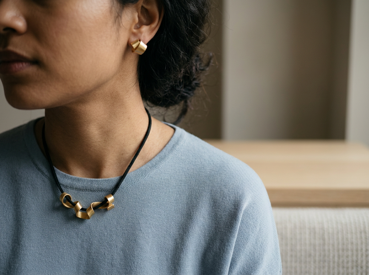 Close-up of a woman wearing a light blue shirt, gold earrings, and a black necklace with gold geometric beads.