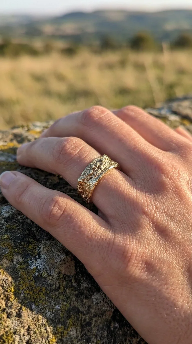 A hand resting on a rough, mossy surface outdoors, wearing a wide-band gold ring with a hammered texture, with a blurred landscape in the background.