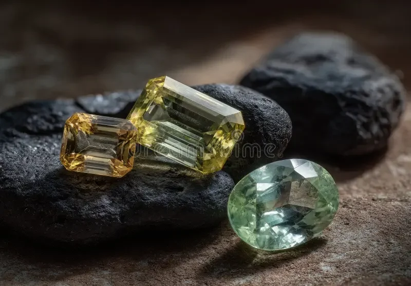 Three gemstones: two yellow rectangular-cut and one green oval-cut, placed on black rocks on brown surface.