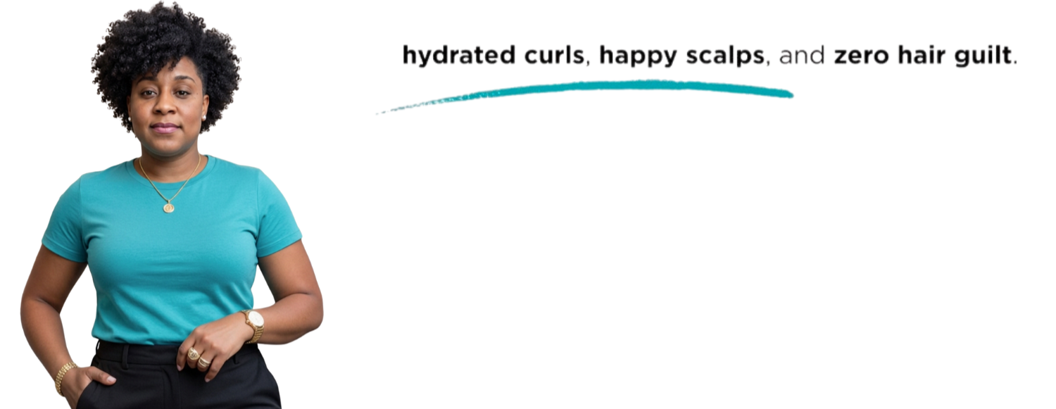 Woman with curly hair wearing a turquoise shirt, black pants, and jewelry, standing with her right hand in her pocket, next to text about hair care benefits.