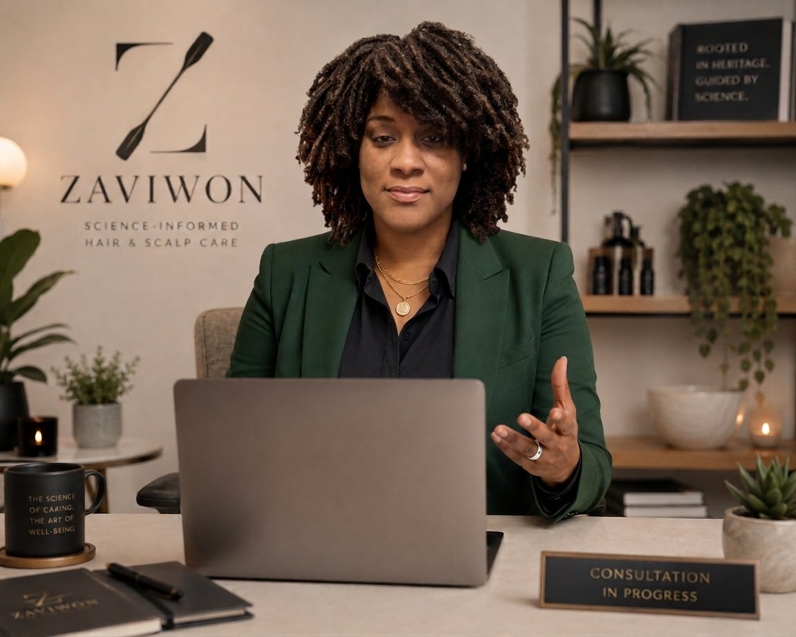 A woman with curly hair wearing a green blazer and black shirt sitting at a desk with a laptop, gesturing with her right hand, in an office with plants and shelves, and a sign reading 'Consultation in Progress'.
