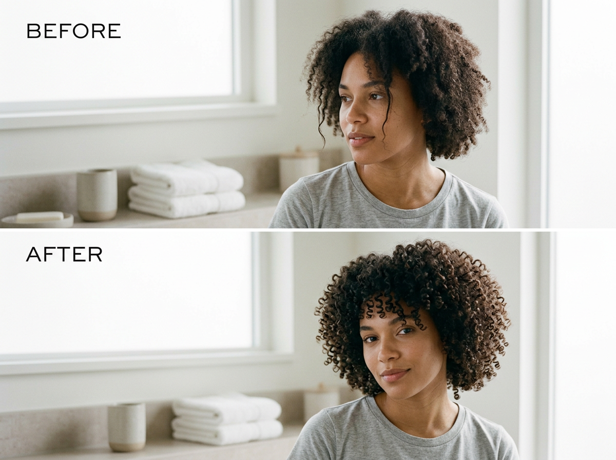 Comparison of a woman before and after styling her curly hair, showing the transformation from a natural, frizzy look to a more defined and styled appearance.