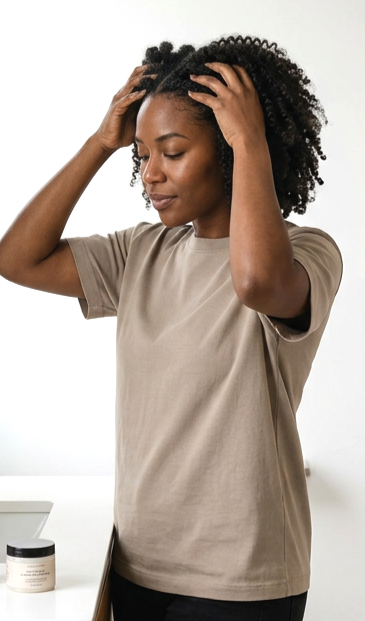 A woman with natural curly hair standing with her eyes closed, touching her hair with both hands. She is wearing a beige t-shirt and is in a minimalist room with a white background and a white table with a jar on it.