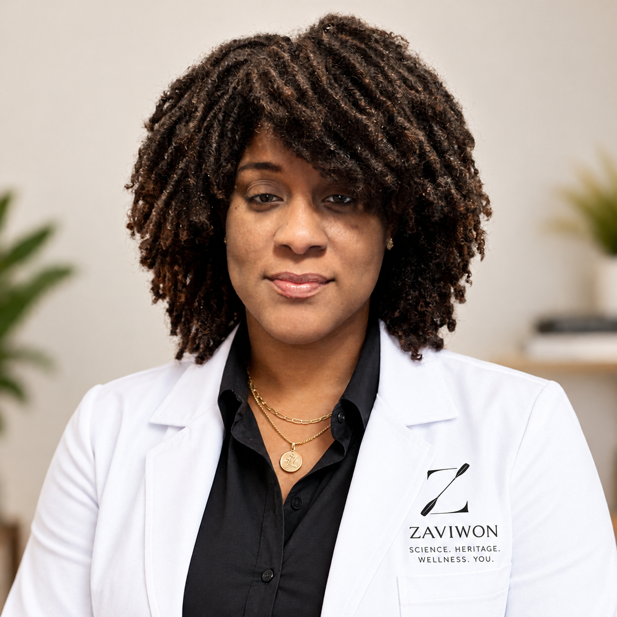 Professional woman with curly hair wearing a white lab coat with Zawiwn logo, gold necklace, black shirt, and minimal makeup, standing in neutral office background.