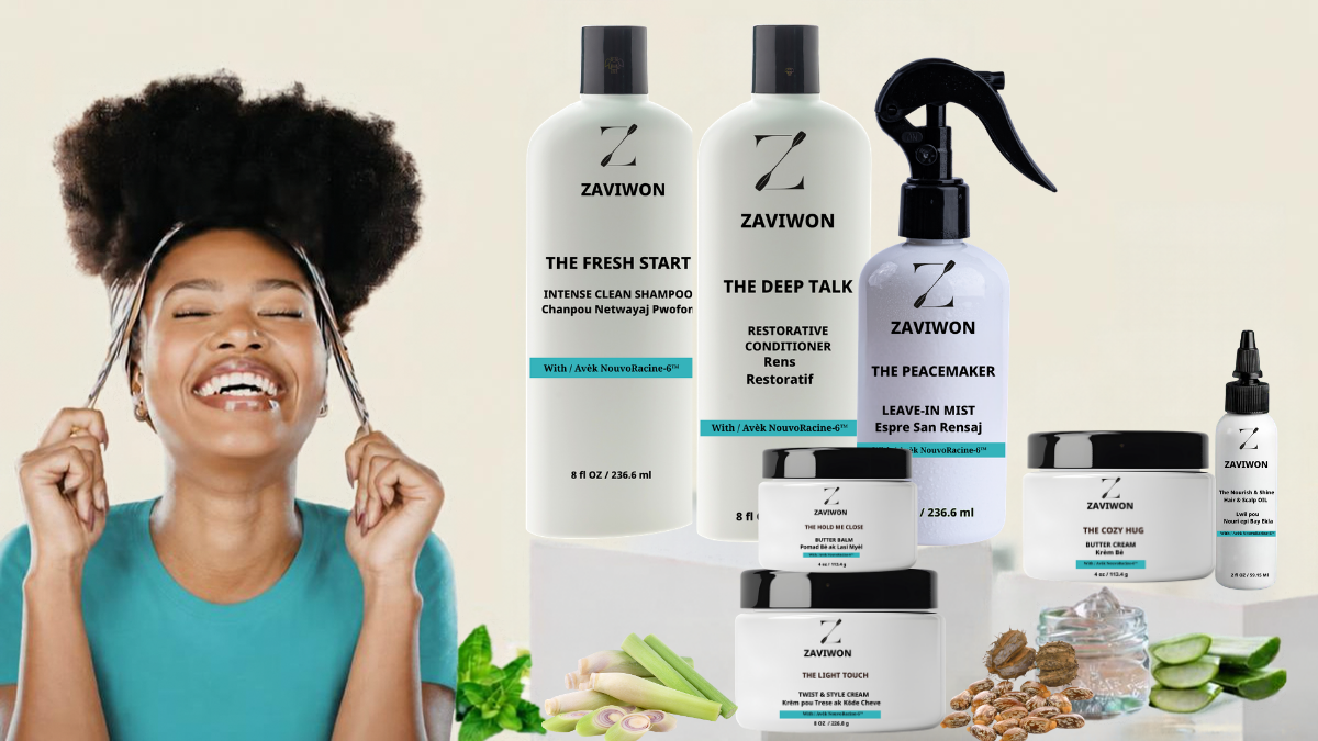 A smiling woman with curly hair tugging on her hair with both hands, surrounded by various hair and skincare products from Zaviwon, including shampoos, conditioners, sprays, creams, and a balm, set against a neutral background.