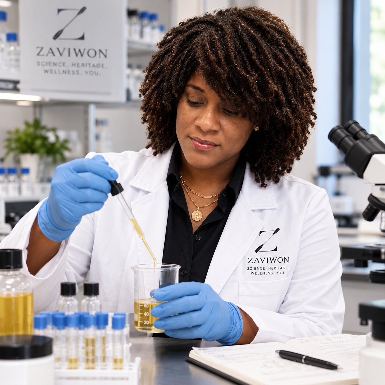 A female scientist with curly hair and dark skin, wearing a white lab coat and blue gloves, is working in a laboratory. She is using a pipette to transfer a yellow liquid into a beaker. The lab has various bottles and test tubes, a notebook, and a microscope in the background.