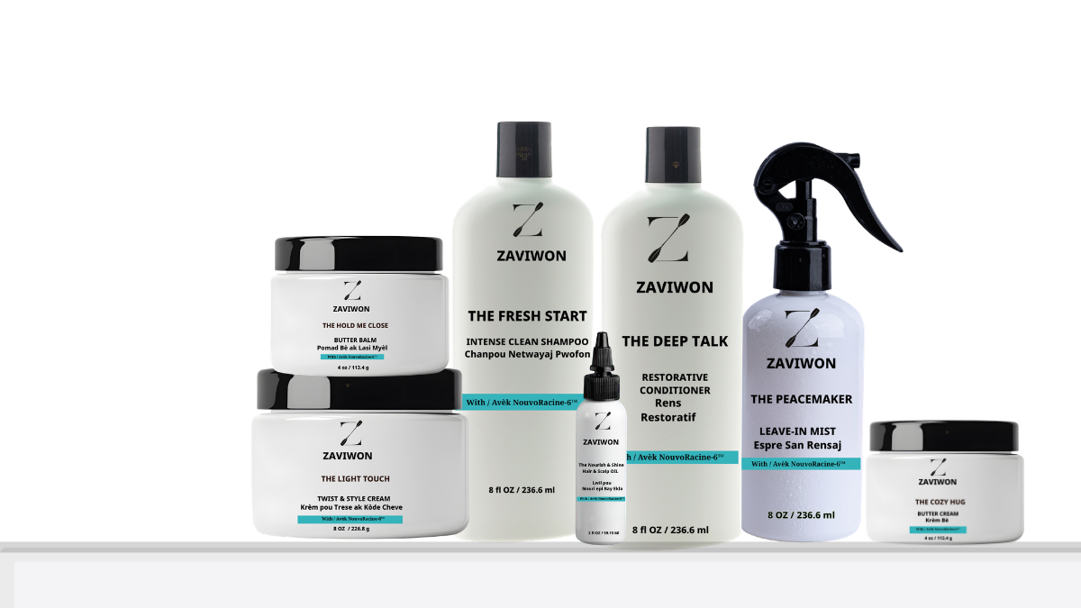 Collection of Zaviwon hair care products including creams, shampoos, conditioners, a leave-in mist, and a butter balm, displayed on a black and purple surface.