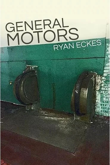 Book cover for "General Motors" by Ryan Eckes, and two used tires leaning against a green wall, one of which is damaged.