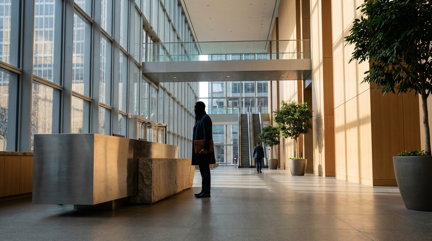 Interior of a modern office building with large glass windows, trees in planters, and two people walking, one standing near a reception desk and another walking away in the background.