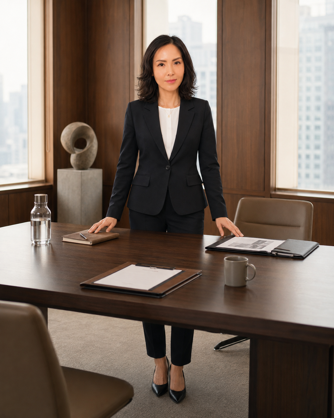 A professional woman in a black suit standing behind a conference table in an office.