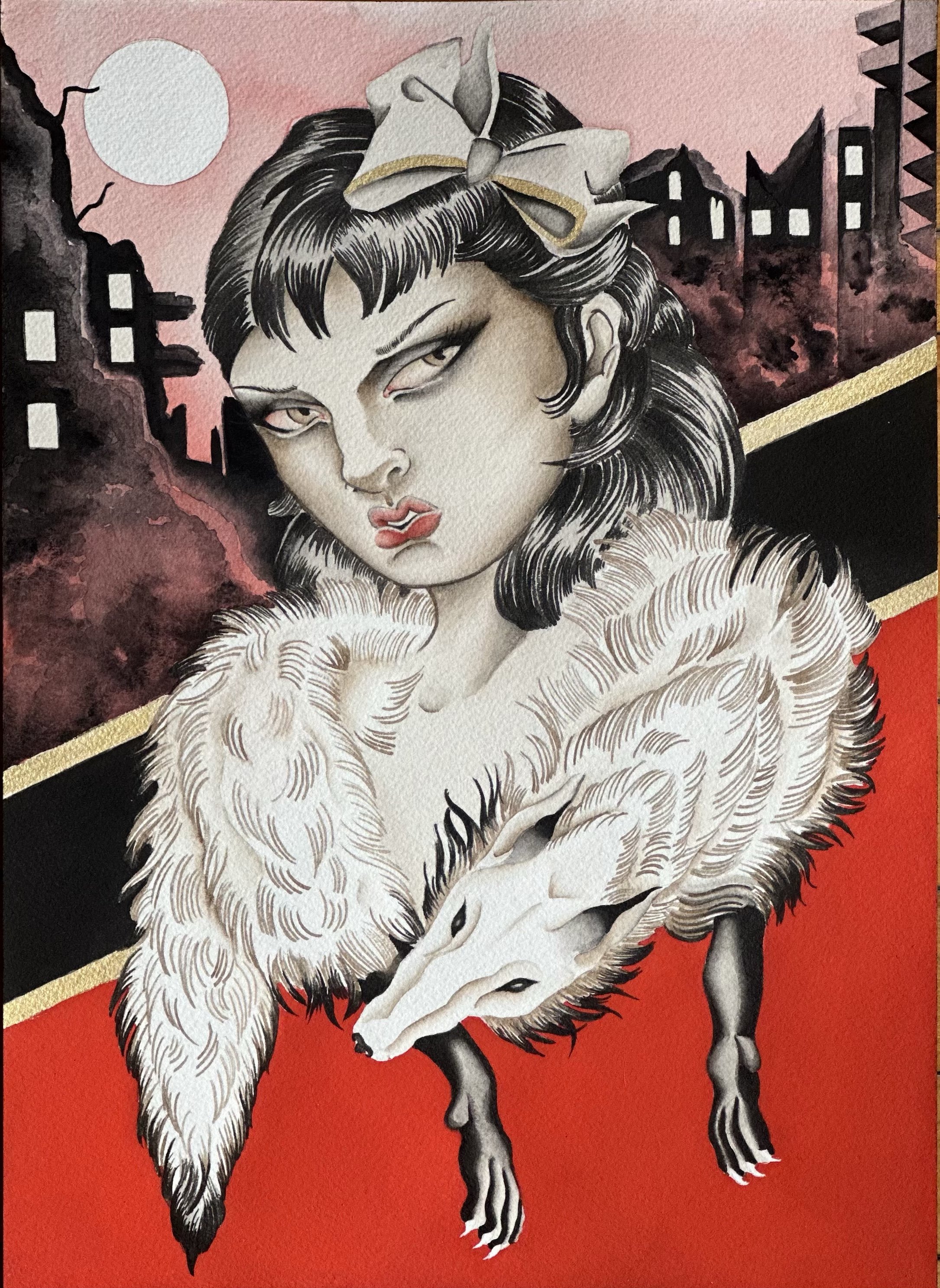 An illustration of a woman with dark hair, wearing a white bow, coat with fur collar, and animal paws, set against a pink and red background with a full moon and dark buildings.