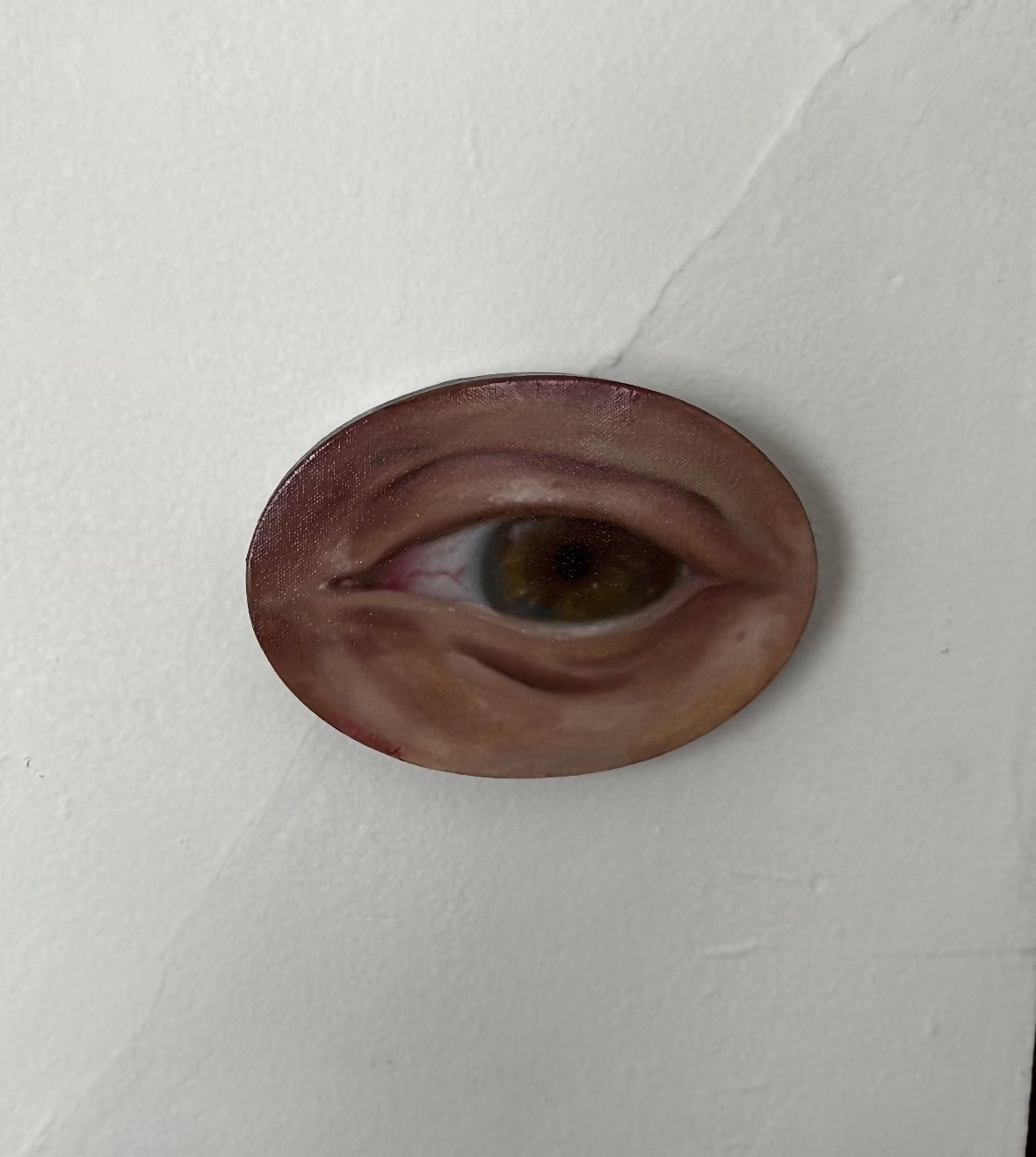 A wall-mounted object resembling a human eye with eyelid, on a white wall.