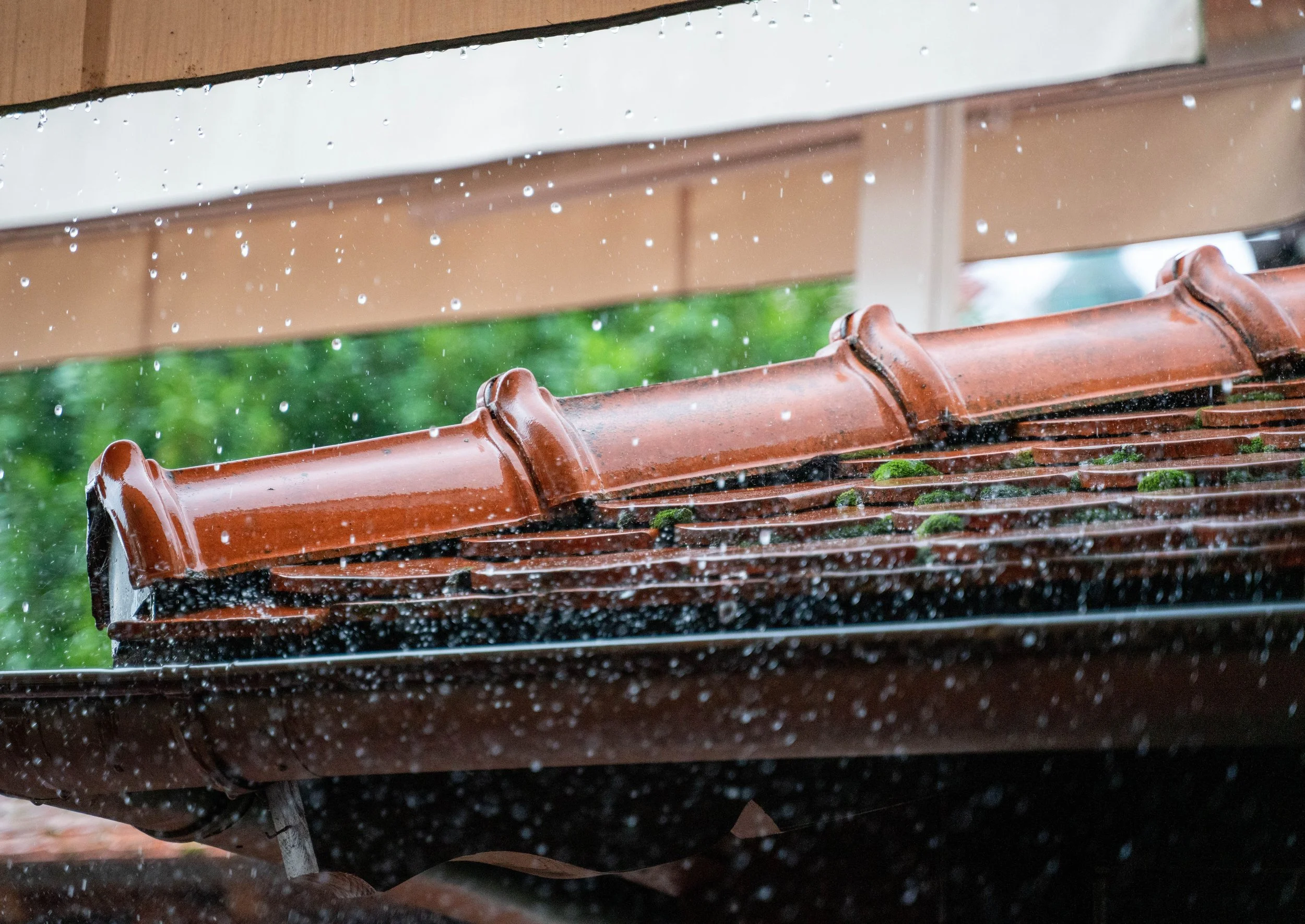 Rain falling on a tiled roof underneath an eave with wooden beams, with greenery blurred in the background.