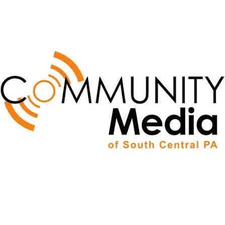 Logo for Community Media of South Central PA with stylized orange sound wave elements and text.