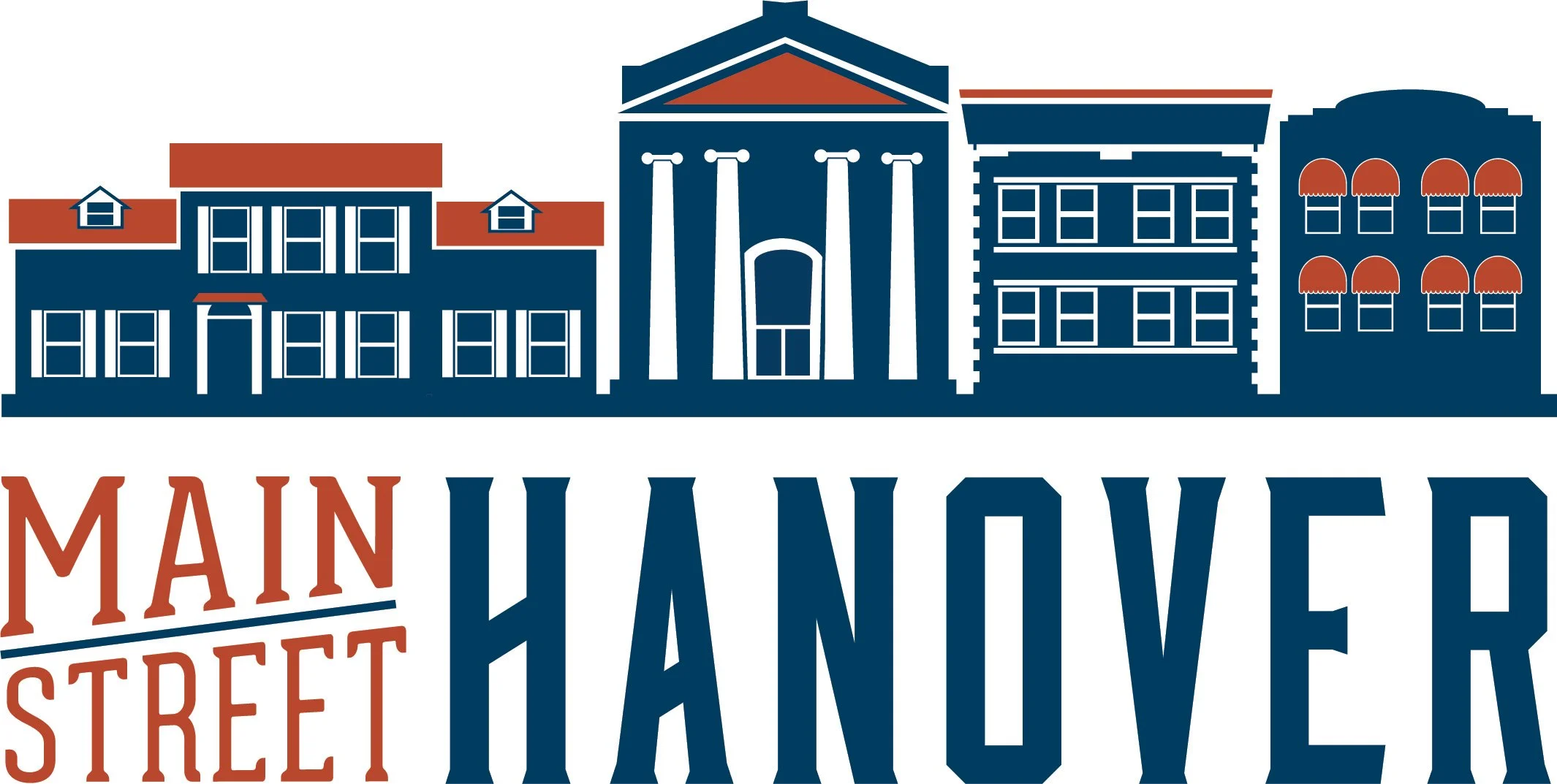 Illustration of a cityscape with various buildings, including a church, a traditional house, and storefronts in blue and orange tones. The text 'Mainstreet' is prominently displayed beneath the buildings.