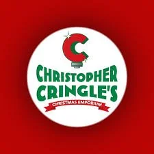 Christmas-themed logo for Christopher Cringle's Christmas Emporium, featuring a red and green color scheme with a stylized letter C and a Santa hat.
