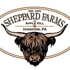 Logo for Sheppard Farms in Hanover, PA, featuring an oval design with a highland cow head and the text 'Est. 1976 Sheppard Farms Apple Hill Hanover, PA'.