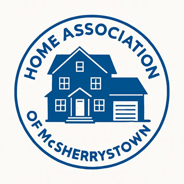 Logo for the Home Association of Msherrytown featuring a blue house inside a circular border with the organization's name.