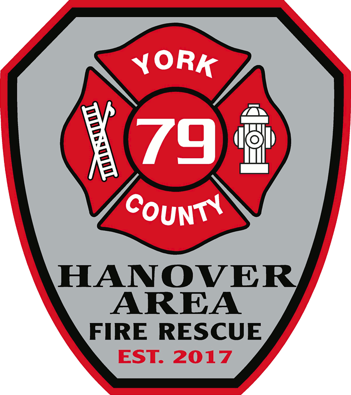 Fire rescue badge for Hanover Area, York County, established 2017, featuring a ladder, firefighter air mask, and fire hydrant symbols.