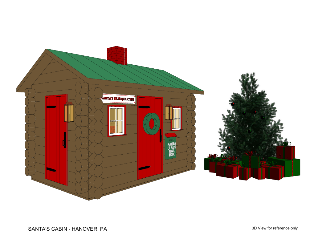 A small wooden Santa's headquarters cabin with red doors and a green roof, decorated with a wreath on the front door, a sign reading 'Santa's Headquarters,' and a mailbox labeled 'Santa Claus Mail Box.' A decorated Christmas tree with presents underneath is beside the cabin.