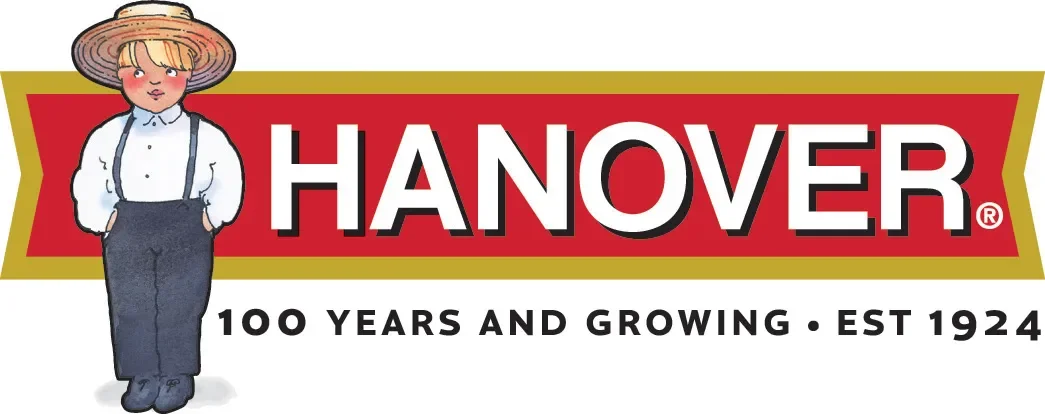 Hanover logo featuring a cartoon boy in overalls and a straw hat, with the text 'HANOVER 100 Years and Growing Est 1924'.