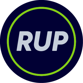 The image features the word 'RUP' in bold white letters inside a dark blue circle, which is outlined by a thin green circle.