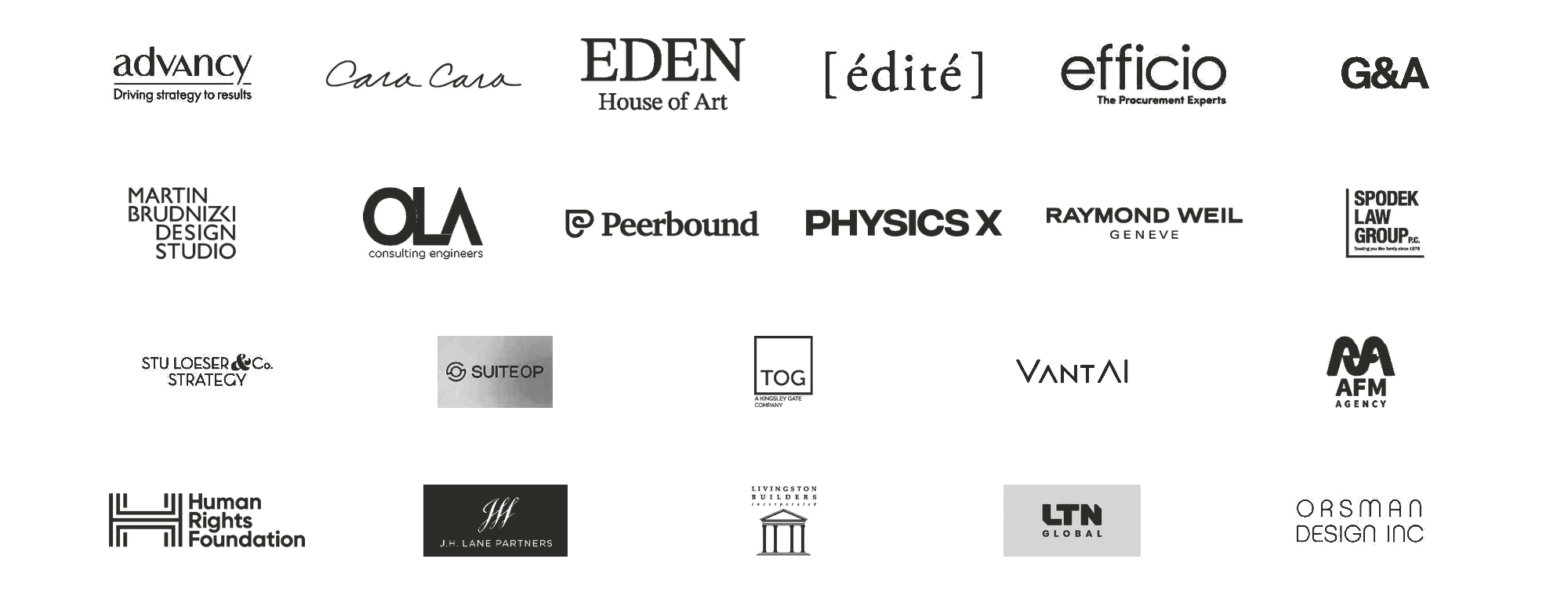 Black background with multiple logos of various companies and organizations arranged in rows.
