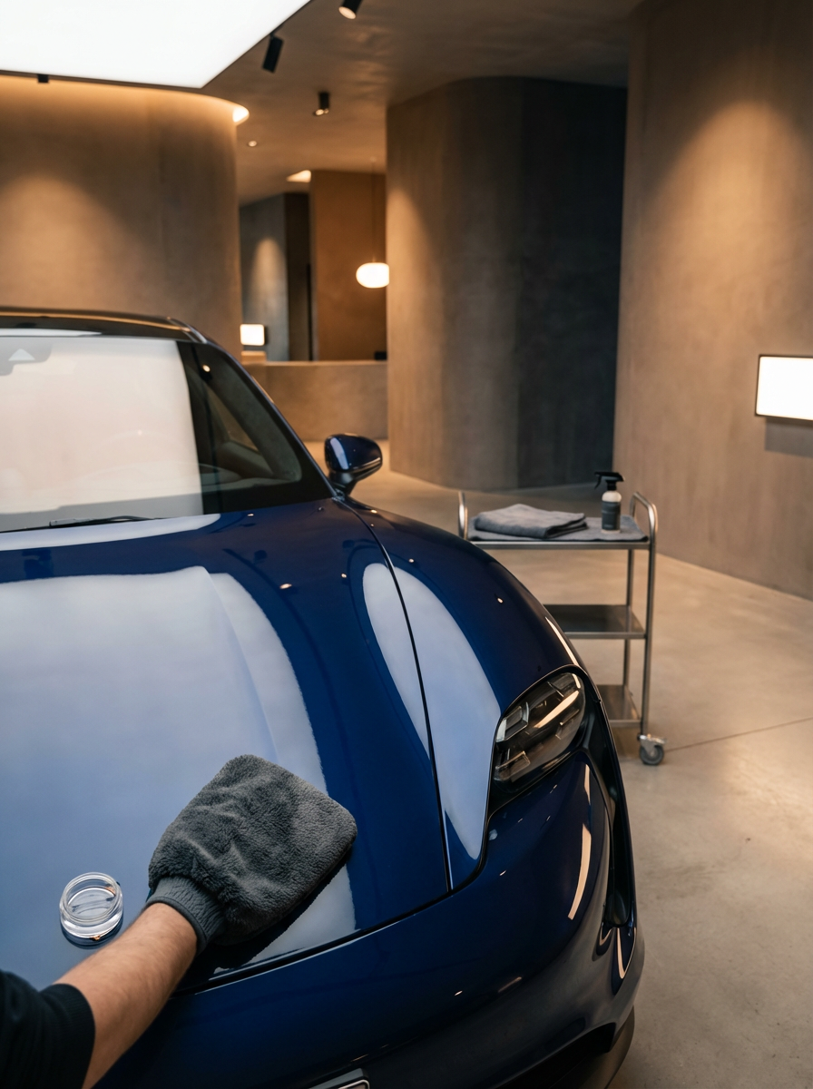 Person wearing black gloves cleaning the hood of a shiny blue sports car in a modern, well-lit garage.