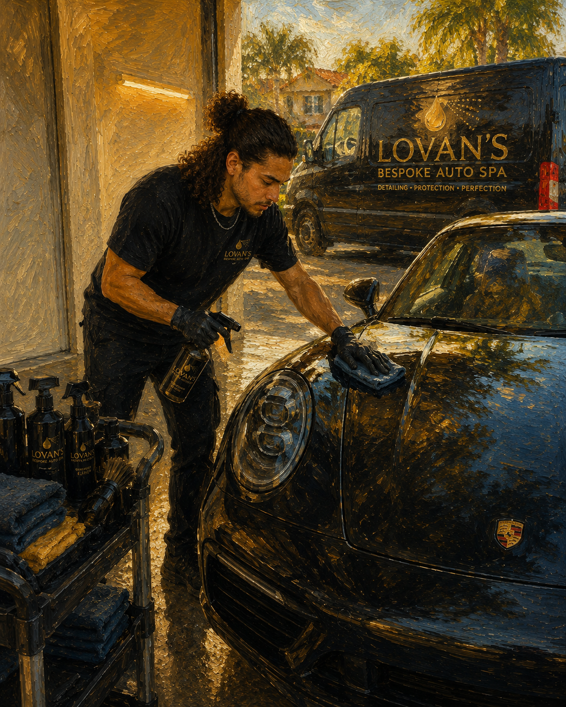 A man cleaning a black Porsche car with a cloth outside, with bottles of car detailing products nearby. A branded van in the background reads 'Lovan's Bespoke Auto Spa'.