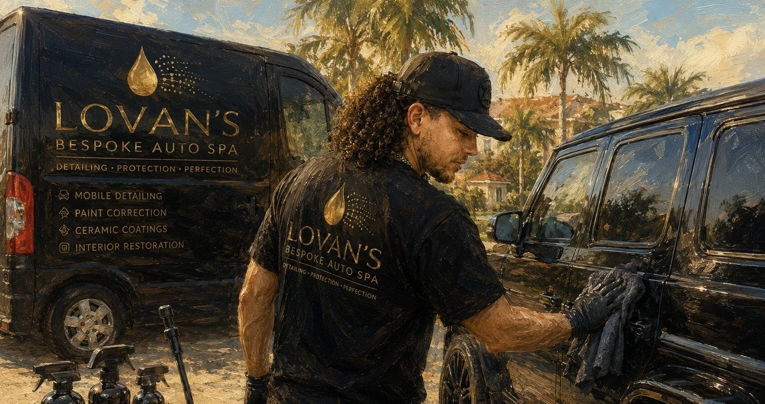A man in black attire with Lovan's Bespoke Auto Spa logo on his shirt is washing a black vehicle with a cloth, outdoor setting with palm trees and a house in the background. A van with similar branding is parked nearby.