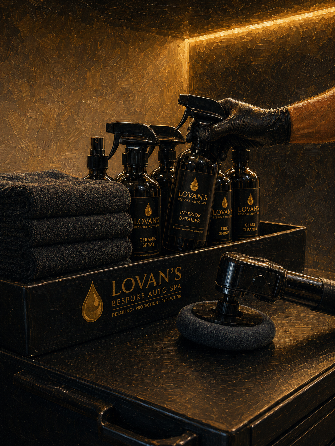 Collection of black bottles labeled Lovan's Bespoke Auto Spa, including ceramic spray, interior detailer, tire shine, and glass cleaner, alongside neatly folded black towels and a car polisher on a black surface with a textured, warm-toned background.
