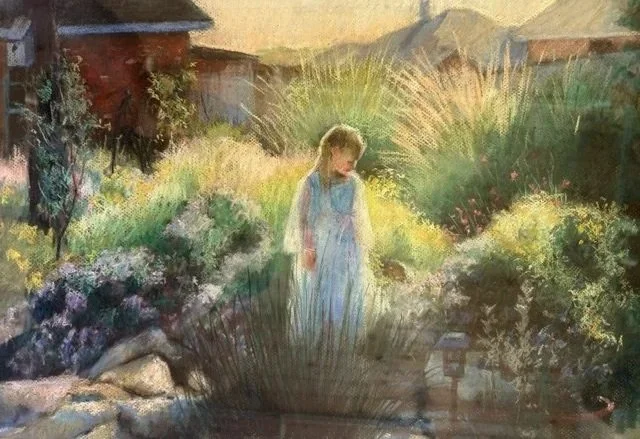 Pastel  painting of a young girl dressed as a faery exploring her garden