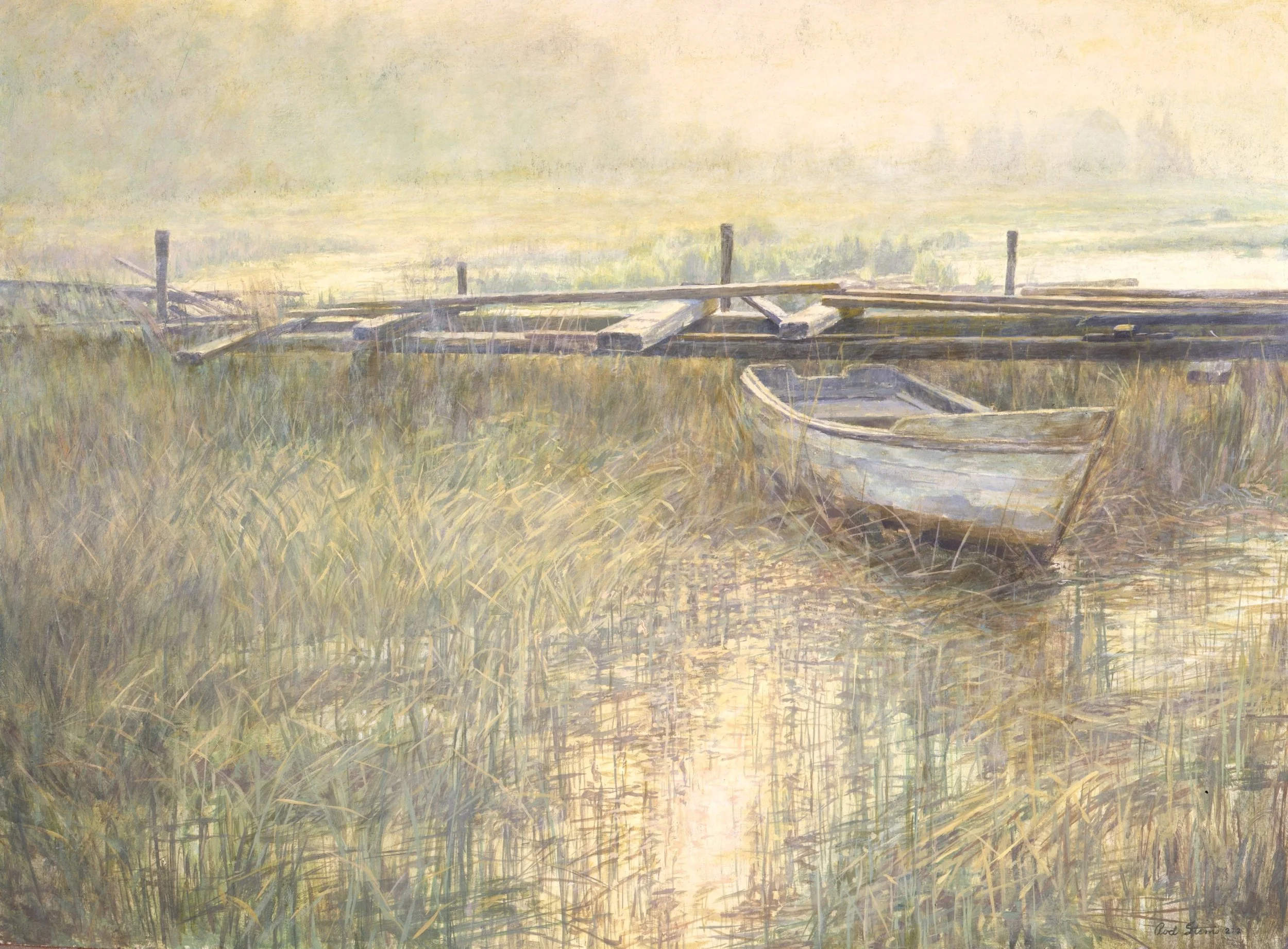Painting of a pastel yellow boat amid a wetland and crumbling dock